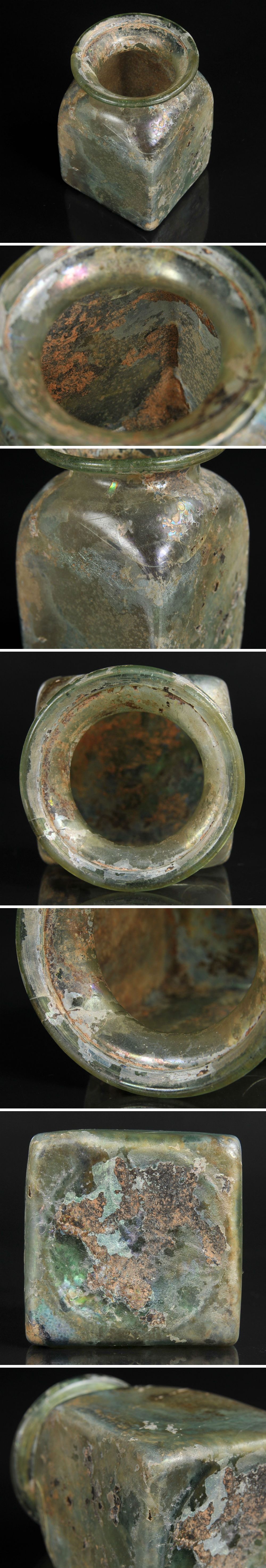 【本物保証2024】◎ローマングラス　広口角瓶　シリア・シドン１－２世紀　古代硝子（市川清 箱書付） 工芸ガラス