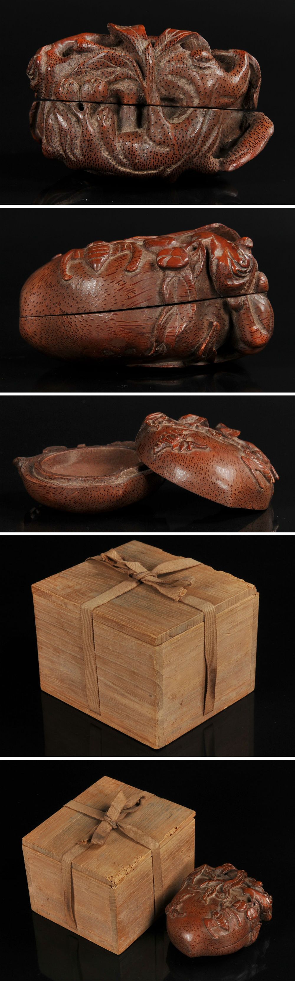 買取査定◎竹材　桃形　蝙蝠彫　蓋物小箱（箱付） 木工、竹工芸